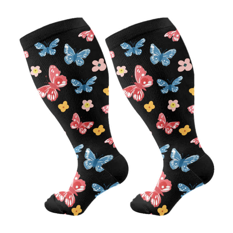 Plus Size Butterfly Flower Series Compression Socks - Black - 4XL - image 6
