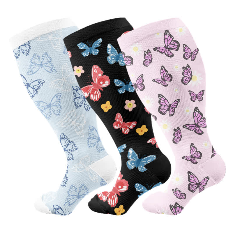 Plus Size Butterfly Flower Series Compression Socks(3 Pairs) - Multicolor - 4XL - image 5