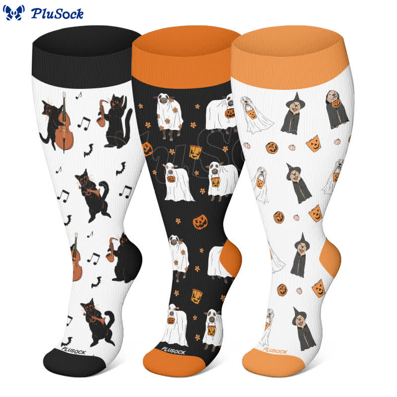 Plus Size Halloween Cute Animal Print Compression Socks(3 Pairs) - image 1
