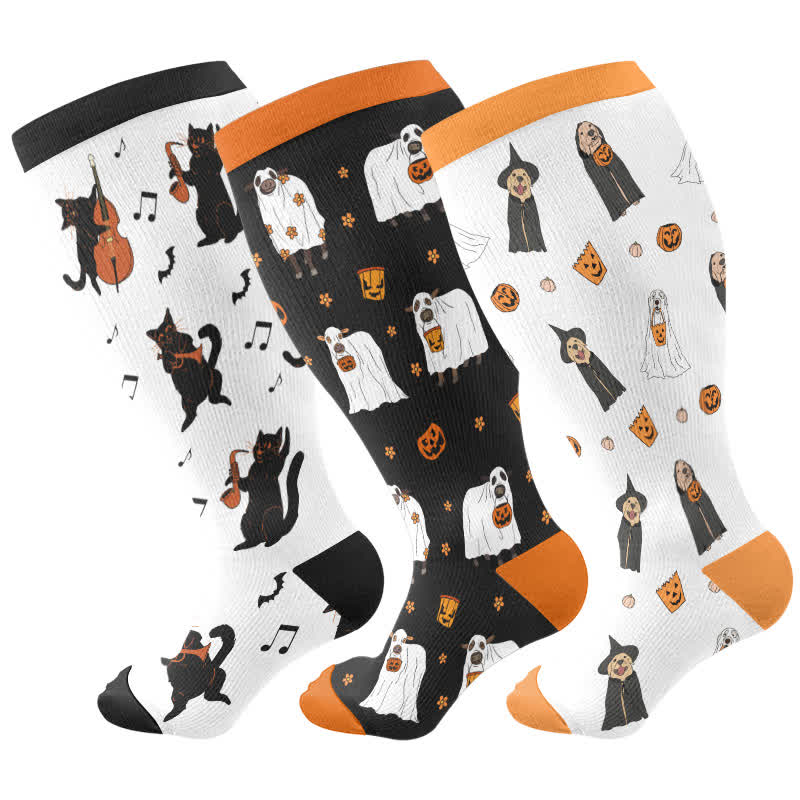 Plus Size Halloween Cute Animal Print Compression Socks(3 Pairs) - Multicolor - 4XL - image 5