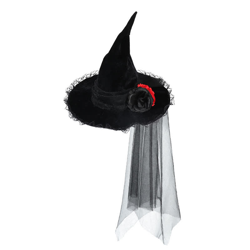 Halloween Mesh Artificial Flower Witch Hat - Black - One Size - image 4
