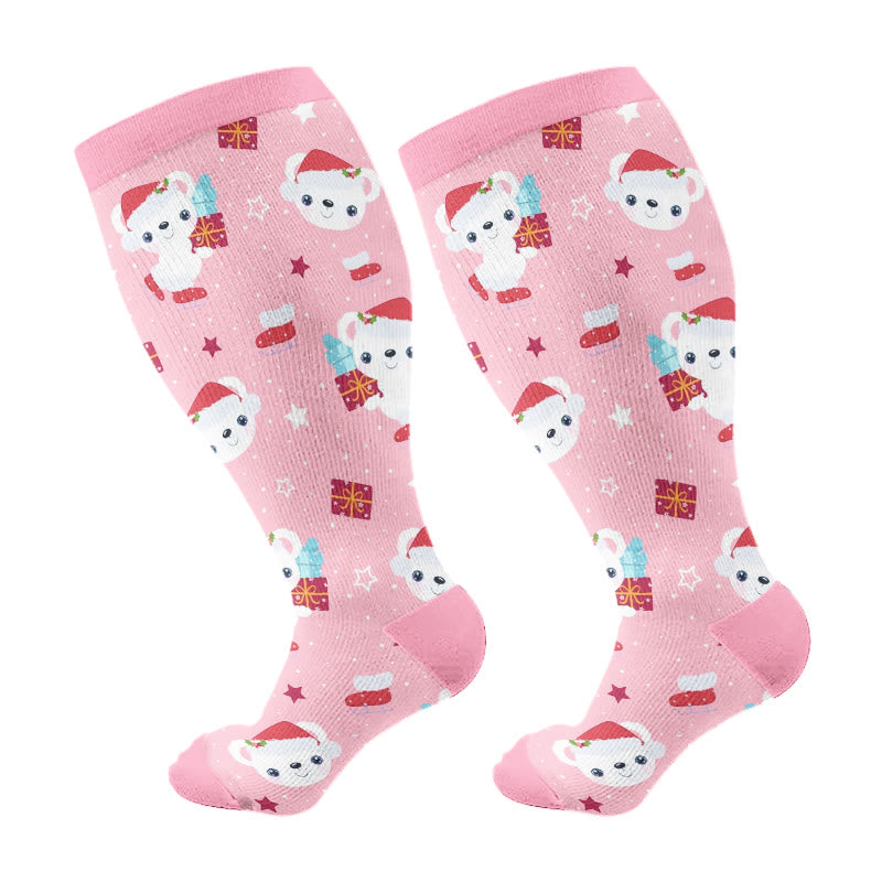 Plus Size Christmas Bears Compression Socks(3 Pairs) - Pink(1 Pair) - 4XL - image 6