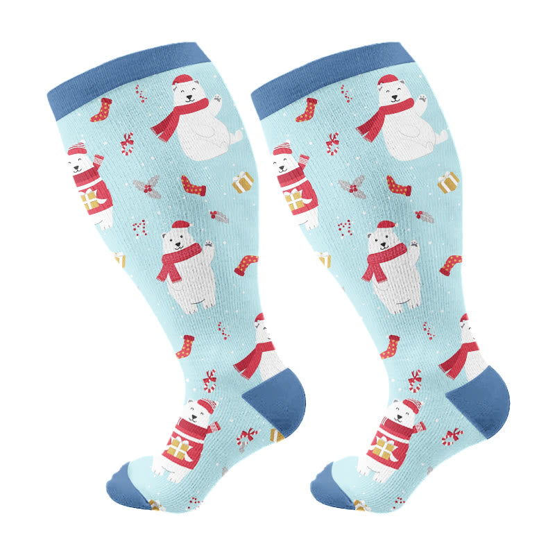 Plus Size Christmas Bears Compression Socks(3 Pairs) - Blue(1 Pair) - 4XL - image 7