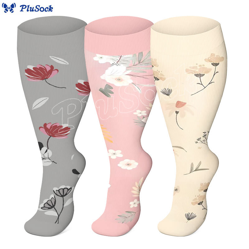 Plus Size Peach Blossom Compression Socks(3 Pairs) - image 1