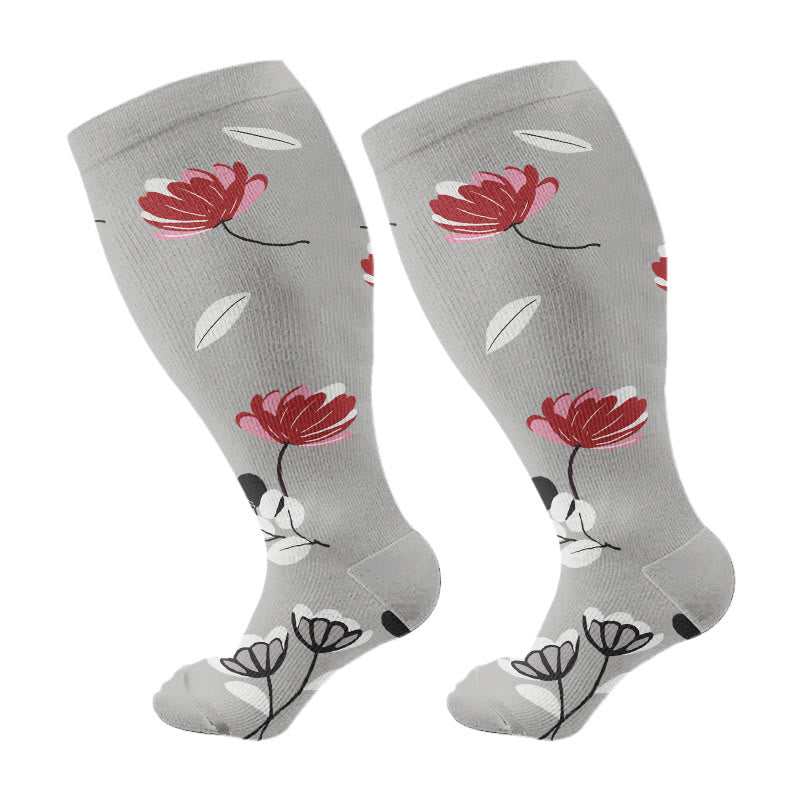 Plus Size Peach Blossom Compression Socks(3 Pairs) - Grey - 4XL - image 6