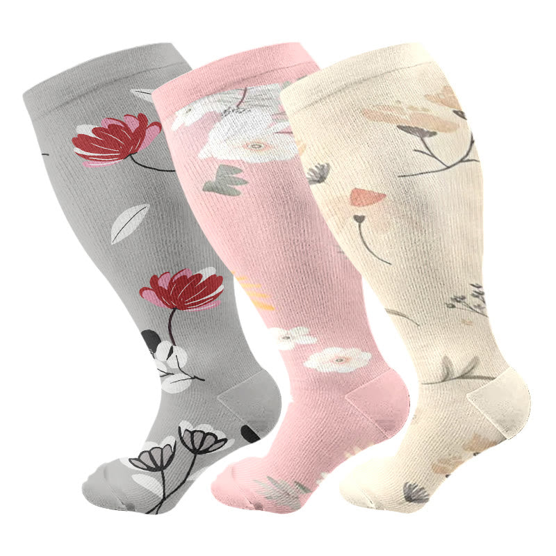 Plus Size Peach Blossom Compression Socks(3 Pairs) - Multicolor - 4XL - image 2