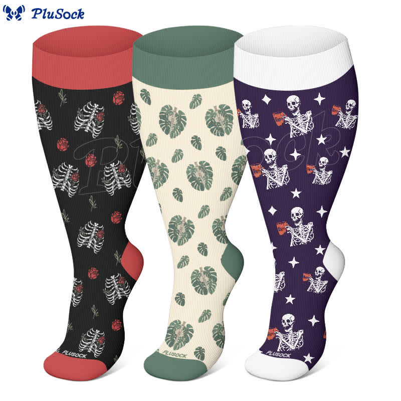 Plus Size Halloween Skull Monstera Compression Socks(3 Pairs) - image 1