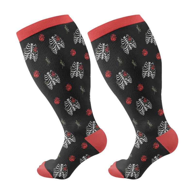 Plus Size Halloween Skull Monstera Compression Socks(3 Pairs) - Black(1 Pair) - 4XL - image 6