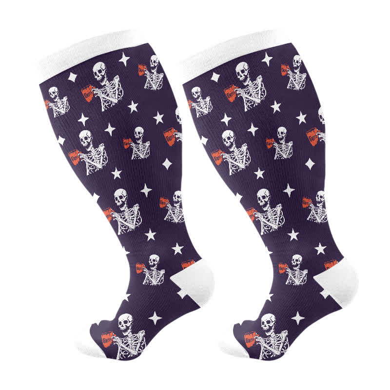 Plus Size Halloween Skull Monstera Compression Socks(3 Pairs) - Navy Blue(1 Pair) - 4XL - image 8