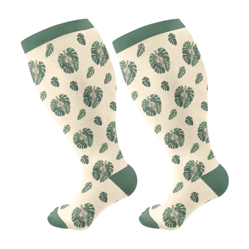 Plus Size Halloween Skull Monstera Compression Socks(3 Pairs) - Green(1 Pair) - 4XL - image 7