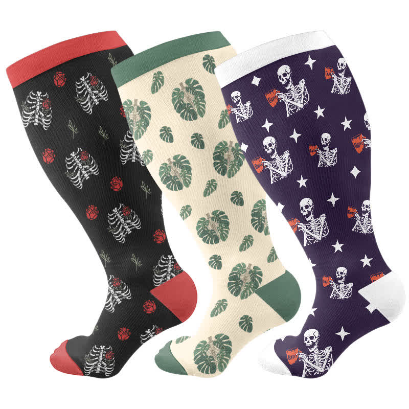 Plus Size Halloween Skull Monstera Compression Socks(3 Pairs) - Multicolor - 4XL - image 5