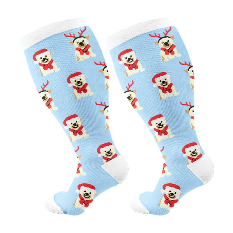 Plus Size Christmas Snowflake Santa Claus Compression Socks(3 Pairs) - Sky Blue(1 Pair) - 4XL - image 7