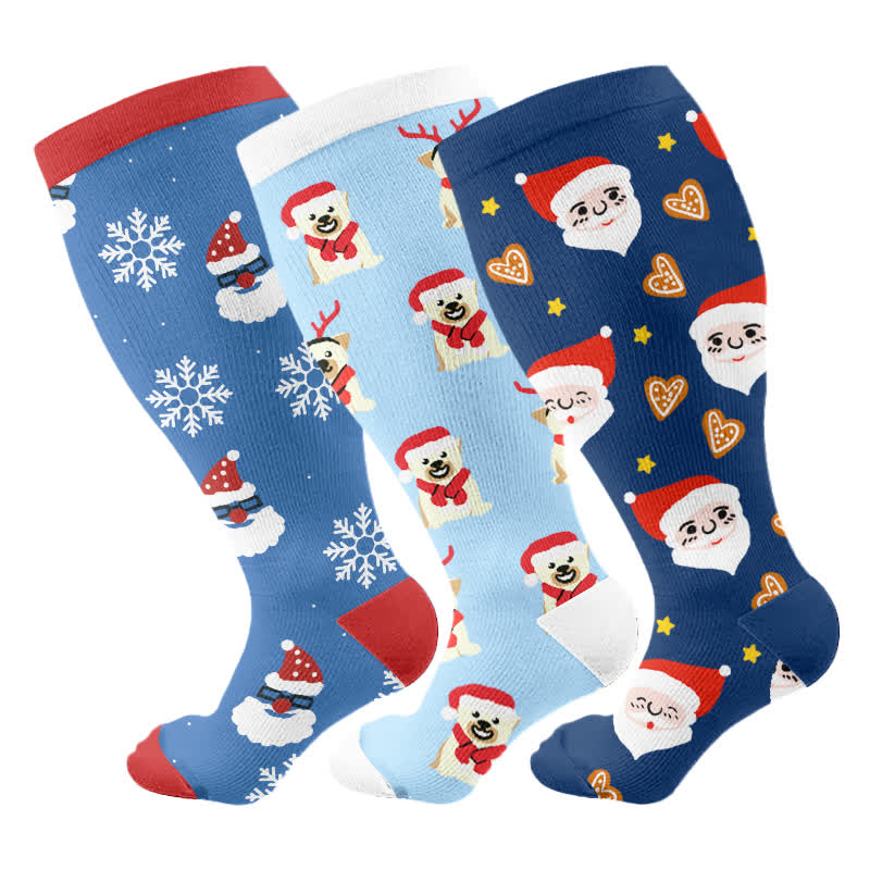 Plus Size Christmas Snowflake Santa Claus Compression Socks(3 Pairs) - Multicolor - 4XL - image 5