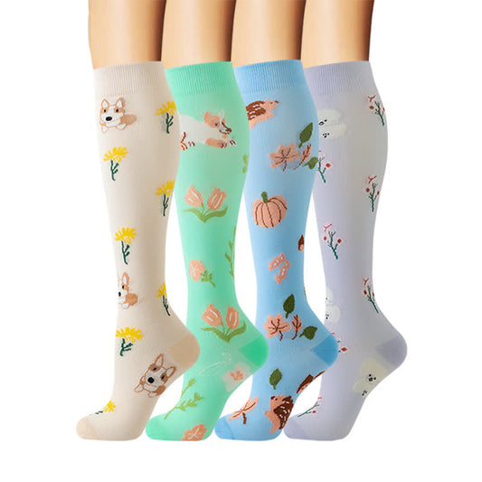 Animal Floral Knee High Compression Socks(4 Pairs) - Multicolor - S/M - image 1