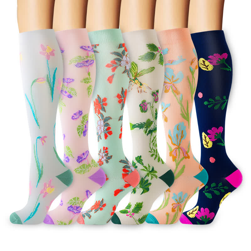 Bright Color Floral Knee High Compression Socks(6 Pairs) - Multicolor - S/M - image 1
