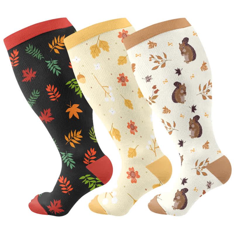 Plus Size Squirrel Leaf Print Compression Socks(3 Pairs) - Multicolor - 4XL - image 4