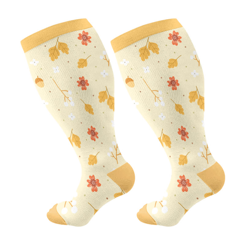 Plus Size Squirrel Leaf Print Compression Socks(3 Pairs) - Yellow(1 Pair) - 4XL - image 6