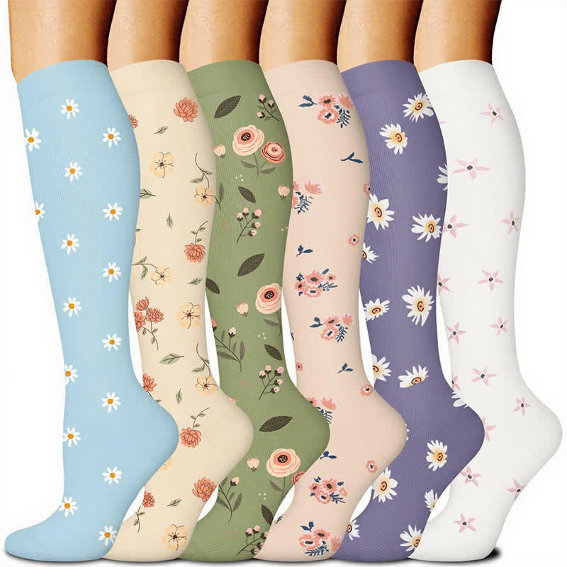 Rose Daisy Print Knee High Compression Socks(6 Pairs) - Multicolor - S/M - image 0