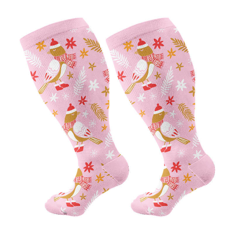 Plus Size Christmas Birds Compression Socks(3 Pairs) - Pink(1 Pair) - 4XL - image 6