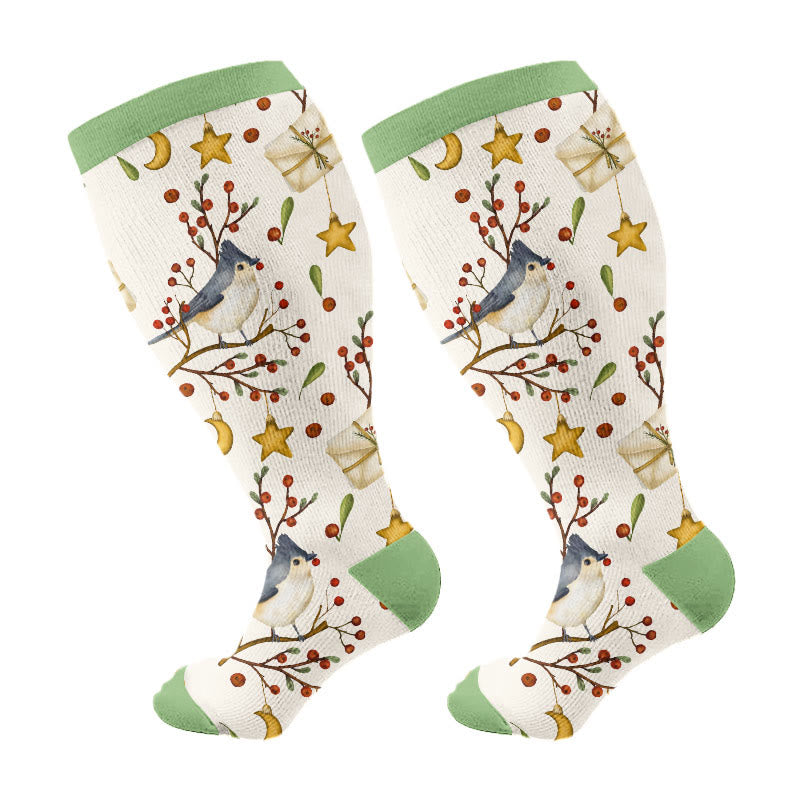 Plus Size Christmas Birds Compression Socks(3 Pairs) - Light Green(1 Pair) - 4XL - image 5