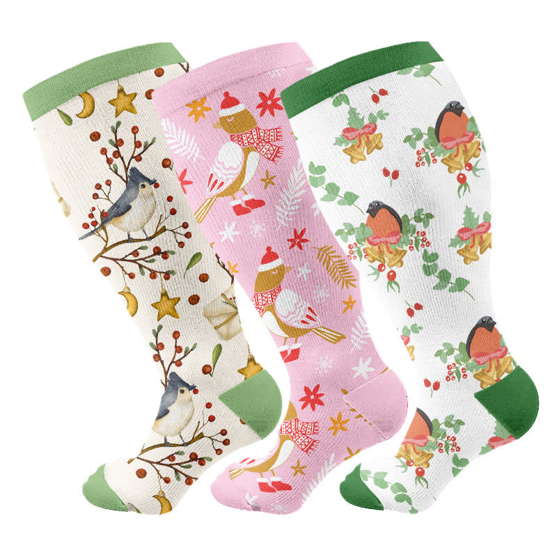 Plus Size Christmas Birds Compression Socks(3 Pairs) - Multicolor - 4XL - image 1
