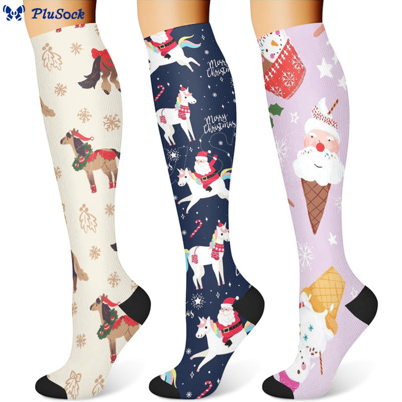 Christmas Snowman Unicorn Compression Socks(3 Pairs) - image 0