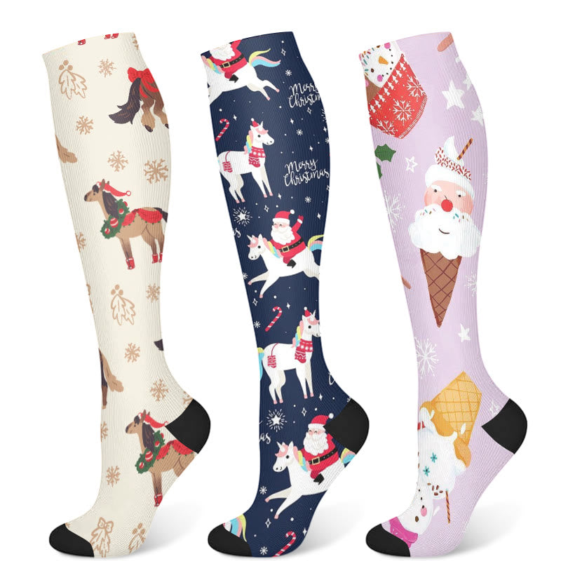 Christmas Snowman Unicorn Compression Socks(3 Pairs) - Multicolor - S/M - image 1