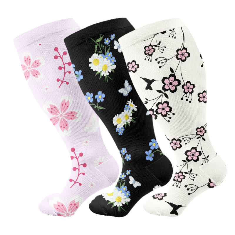 Plus Size Cherry Blossoms Compression Socks(3 Pairs) - Multicolor - 4XL - image 1