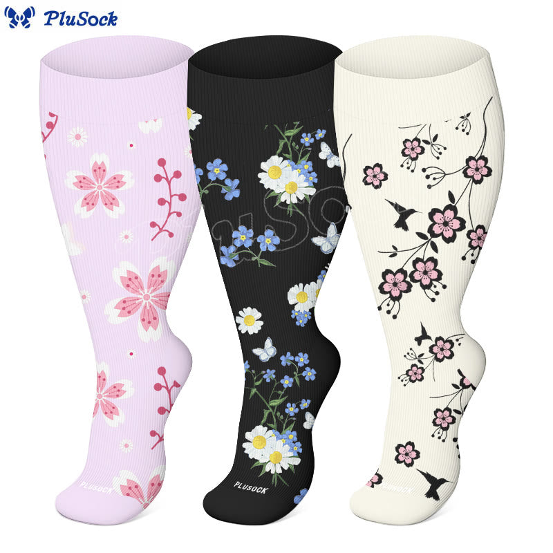 Plus Size Cherry Blossoms Compression Socks(3 Pairs) - image 0