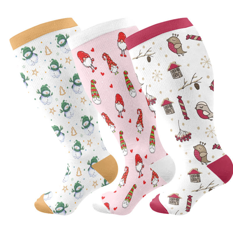 Plus Size Festive Gnome Birds Compression Socks(3 Pairs) - Multicolor - 4XL - image 1