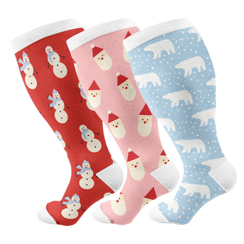 Plus Size Cute Bear Santa Claus Compression Socks(3 Pairs) - Multicolor - 4XL - image 1