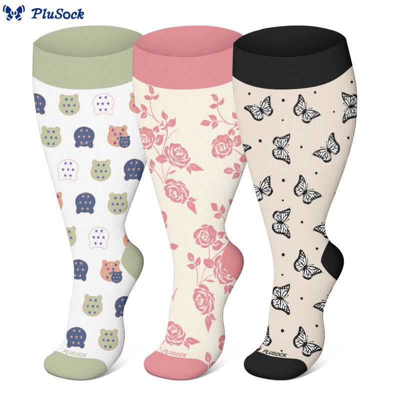 Plus Size Maple Leaf Butterfly Bear Compression Socks(3 Pairs) - image 1