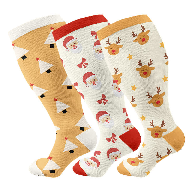 Plus Size Deer Block Tree Compression Socks(3 Pairs) - Multicolor - 4XL - image 1