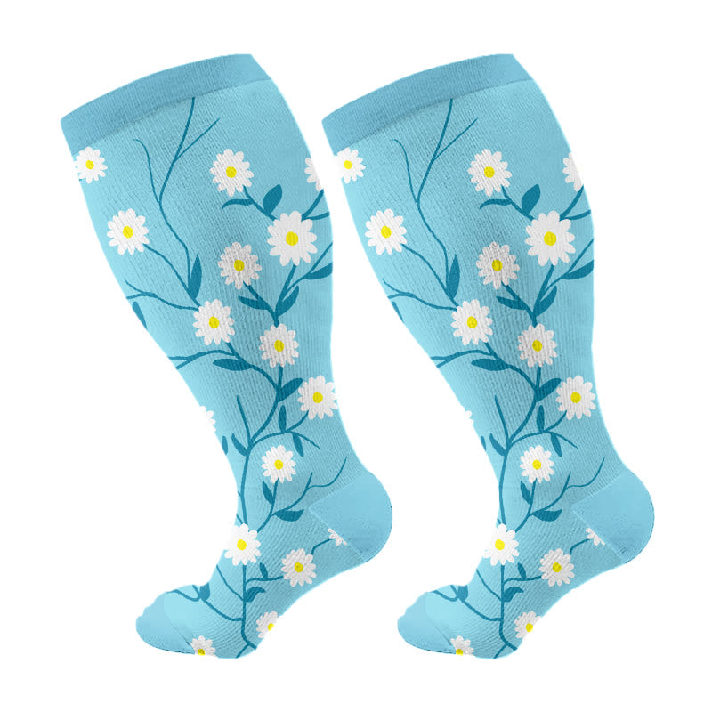 Plusock Plus Size Spring Flowers Compression Socks - Blue - 4XL - image 6