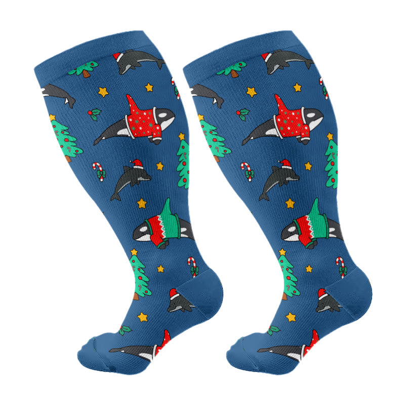 Plusock Plus Size X Ray Cat Christmas Animals Compression Socks - Blue - 4XL - image 15