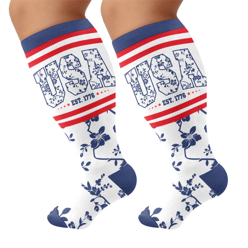 Plusock Plus Size Stripe Bow Compression Socks - Blue(1 Pair) - 4XL - image 7