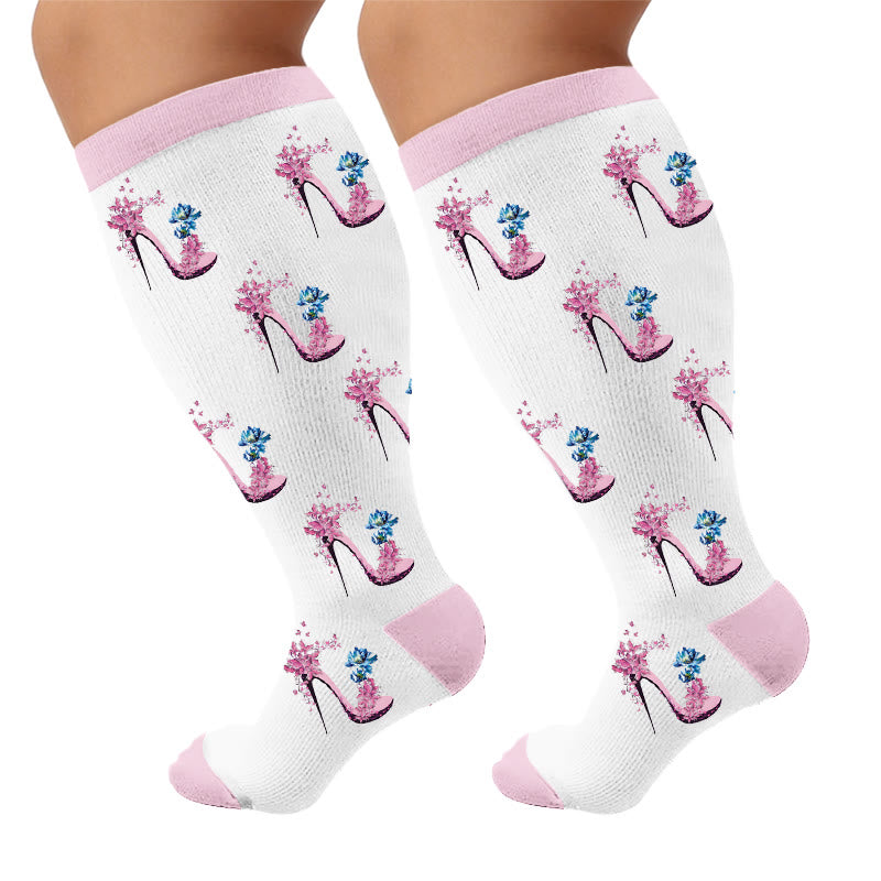 Plusock Plus Size Butterfly Floral Print Compression Socks - High Heels(1 Pair) - 4XL - image 7