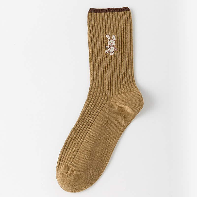 Plusock Rabbit Embroidered Quarter Socks(5 Pairs) - Khaki - EU35-40(US2-7) - image 8