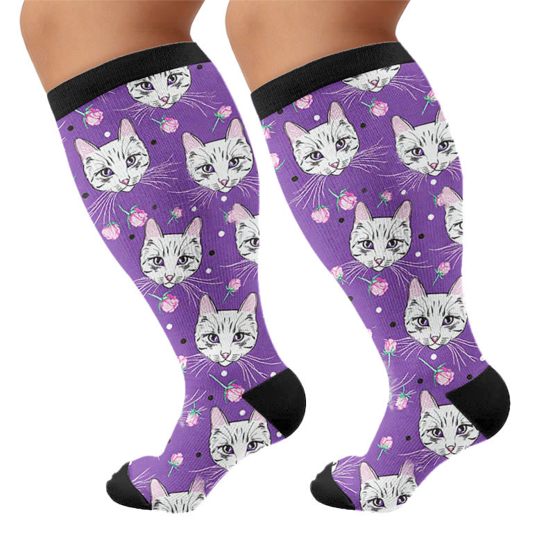 Plusock Plus Size Moonlight Cute Cat Compression Socks - Purple - 4XL - image 6
