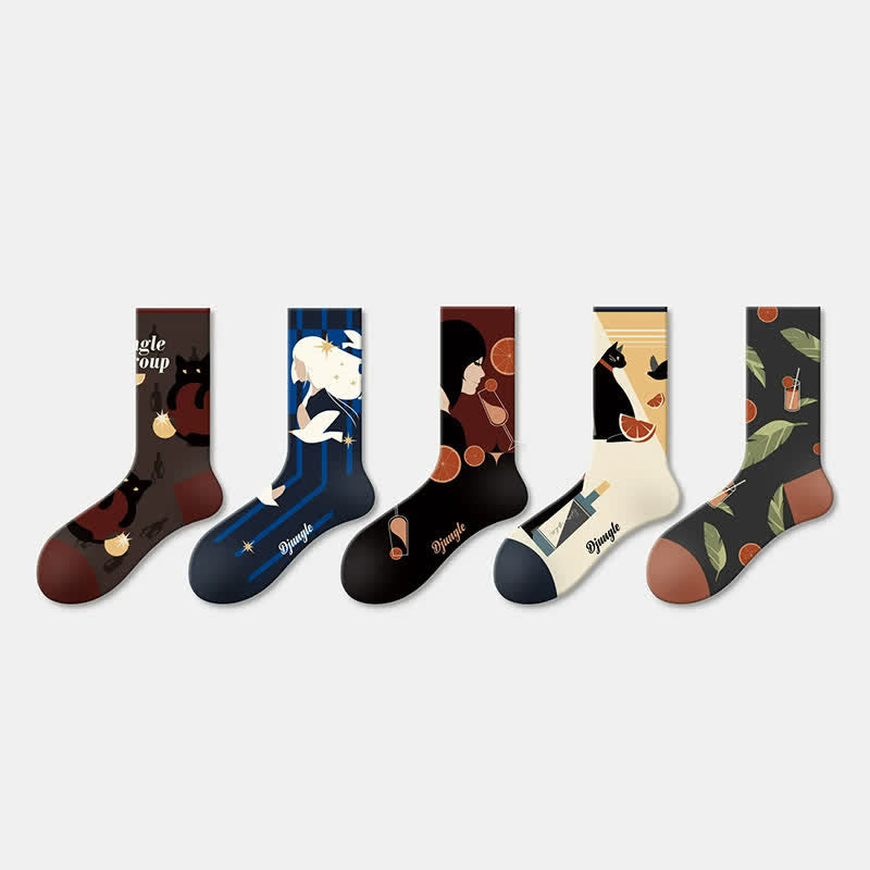 Plusock Bird Cat Pattern Quarter Socks(5 Pairs) - image 1