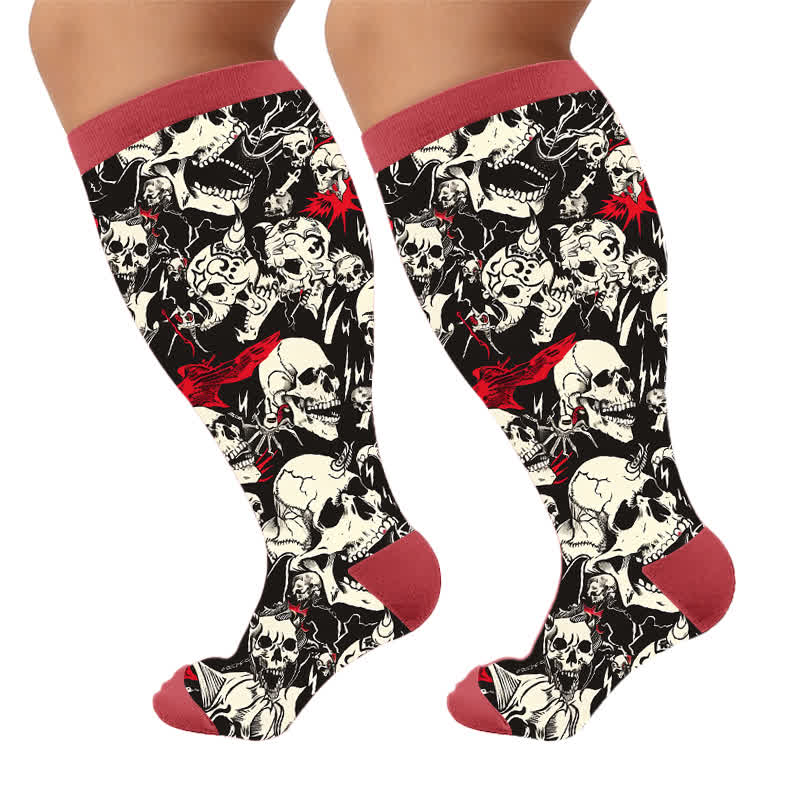 Plusock Plus Size Colorblock Skull Compression Socks - Red(1 Pair) - 4XL - image 7