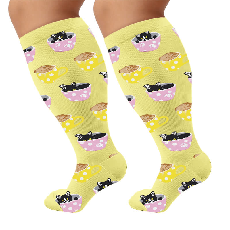 Plusock Plus Size Cat Food Print Compression Socks - Yellow(1 Pair) - 4XL - image 7
