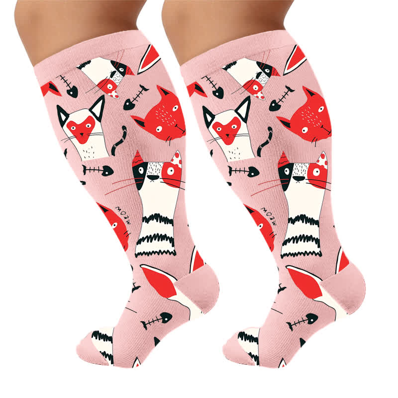 Plusock Plus Size Whimsical Abstract Cat Compression Socks - Pink(1 Pair) - 4XL - image 7