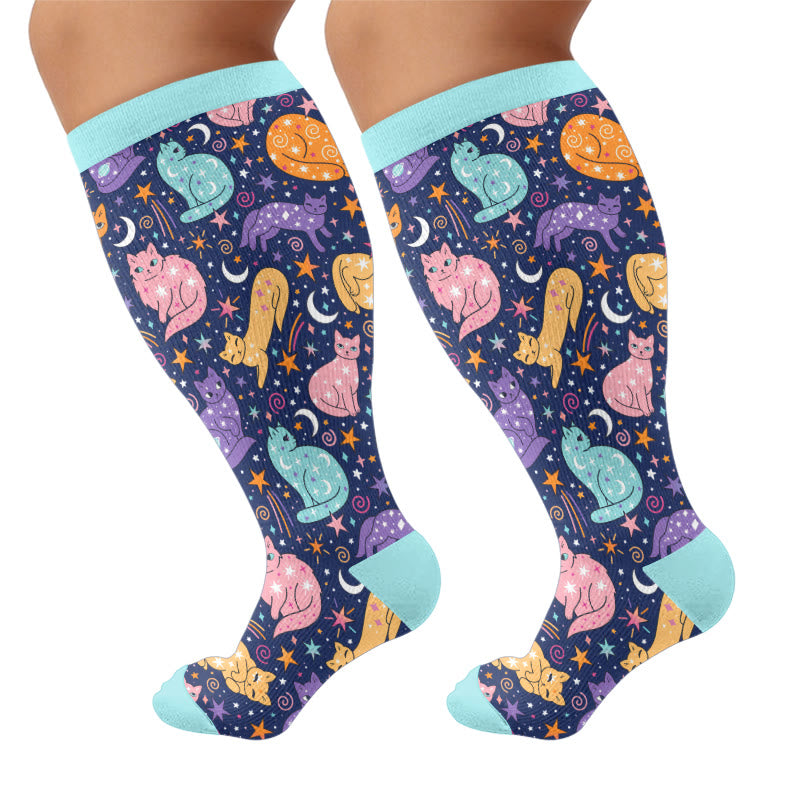 Plusock Plus Size Cute Cat Print Compression Socks - Blue(1 Pair) - 4XL - image 7