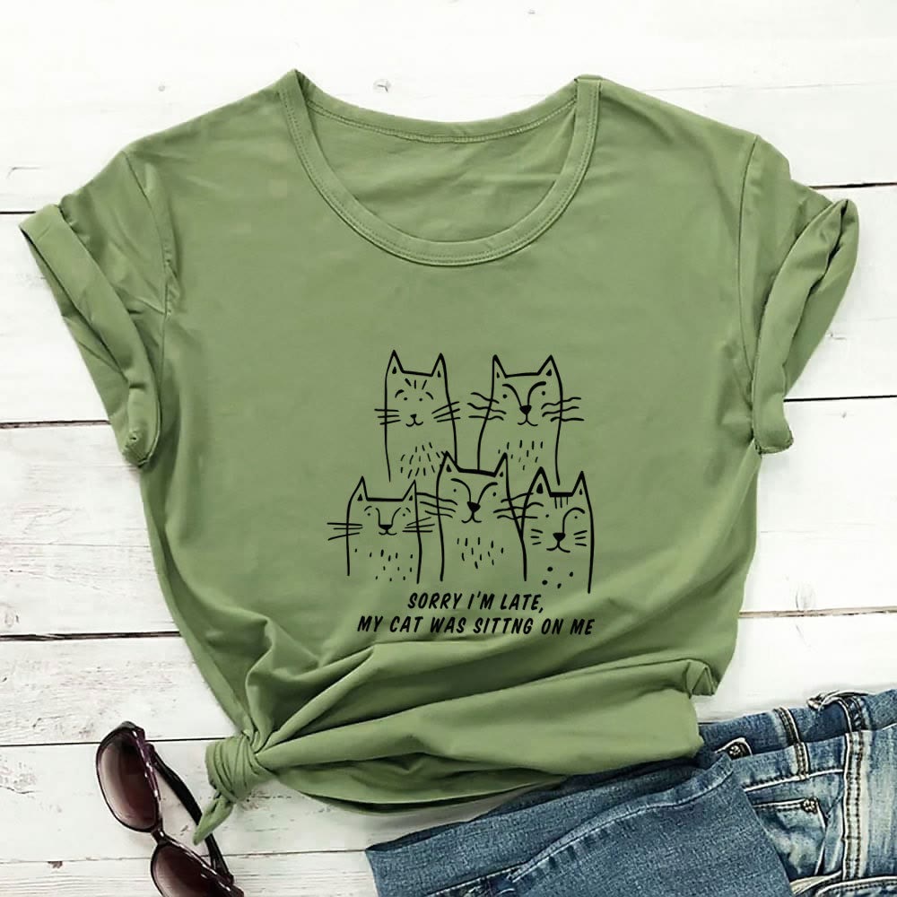 Plusock Plus Size Cat Funny Letter Short Sleeve T-shirt - Green - 3XL - image 7
