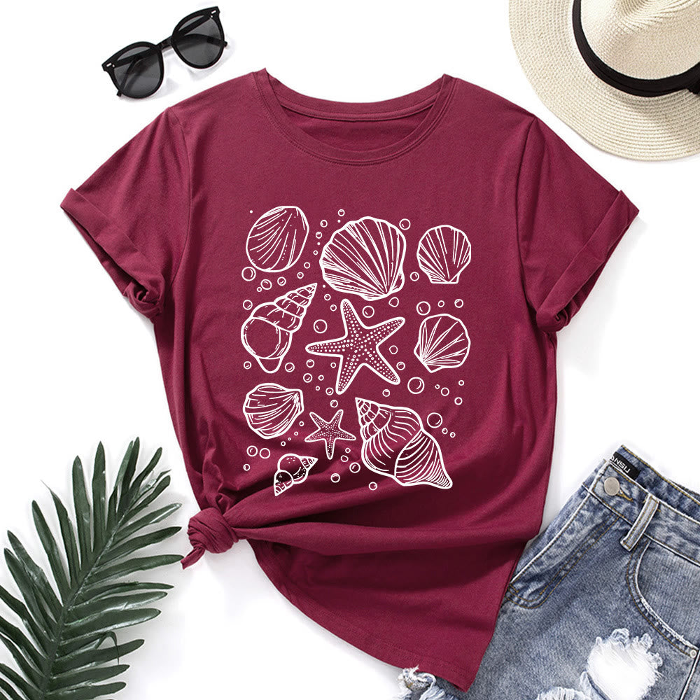 Plusock Plus Size Seashells Print T-shirt - Wine - 5XL - image 10