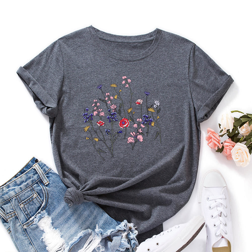 Plusock Plus Size Fresh Flowers Print T-shirt - Dark Grey - 5XL - image 11