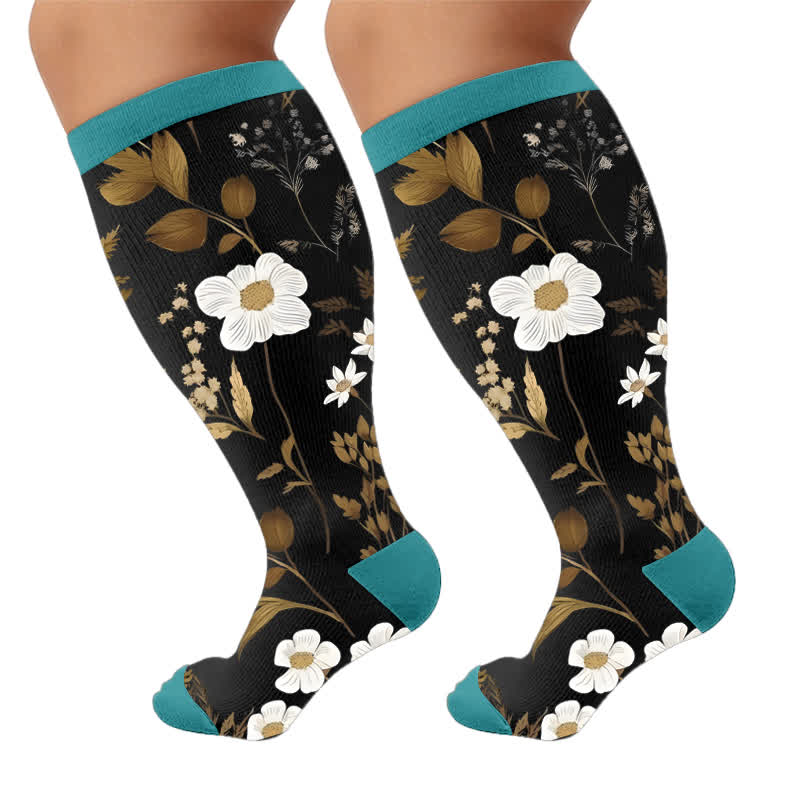 Plusock Plus Size Contrast Color Florals Compression Socks - Blue(1 Pair) - 4XL - image 10