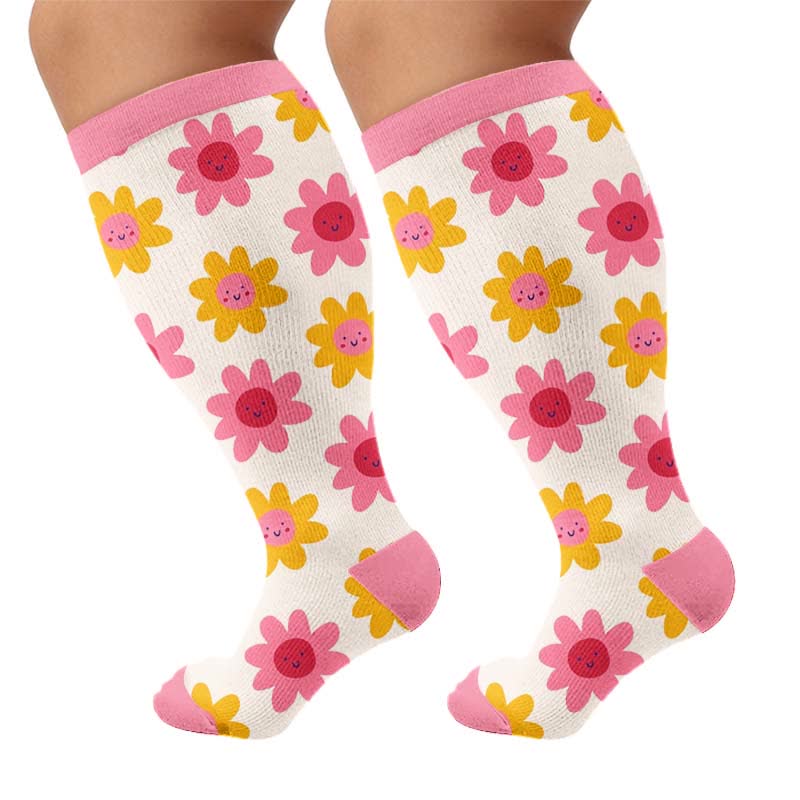 Plusock Plus Size Floral White Compression Socks - Pink(1 Pair) - 4XL - image 10