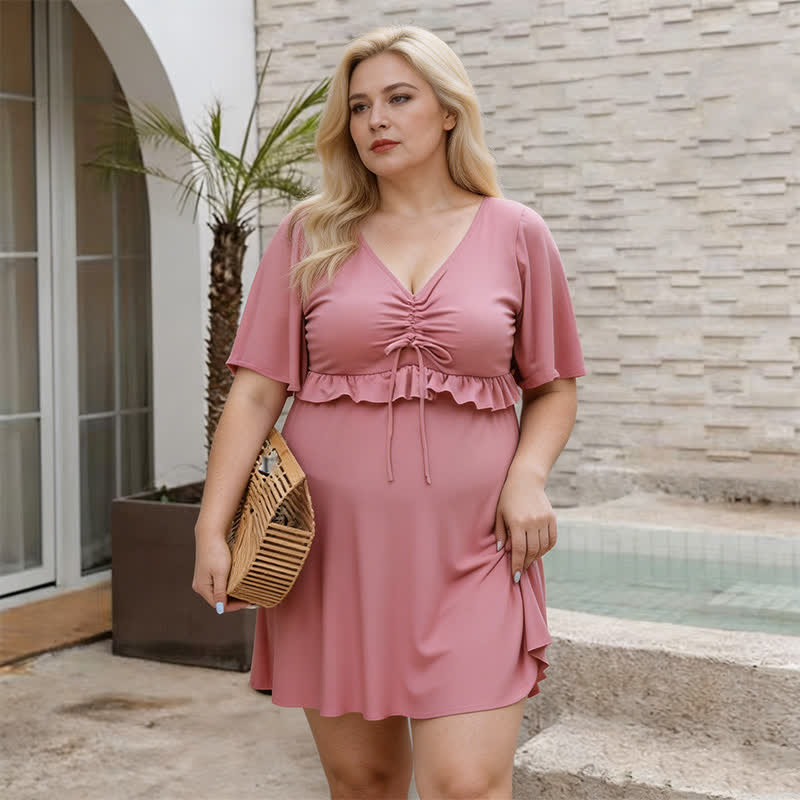 Plusock Black Mesh Sleeve Ruffle Swimwear - Pink - 5XL - image 3